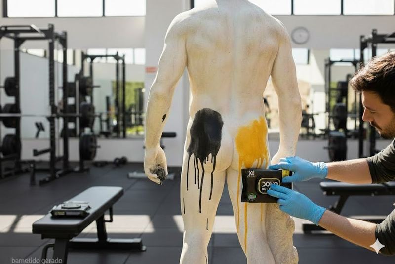 Estátua de academia com bunda suja e um homem limpando com lenço Dono do Trono