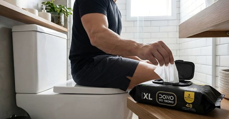 Homem sentado no vaso pegando o lenço umedecido Dono do Trono